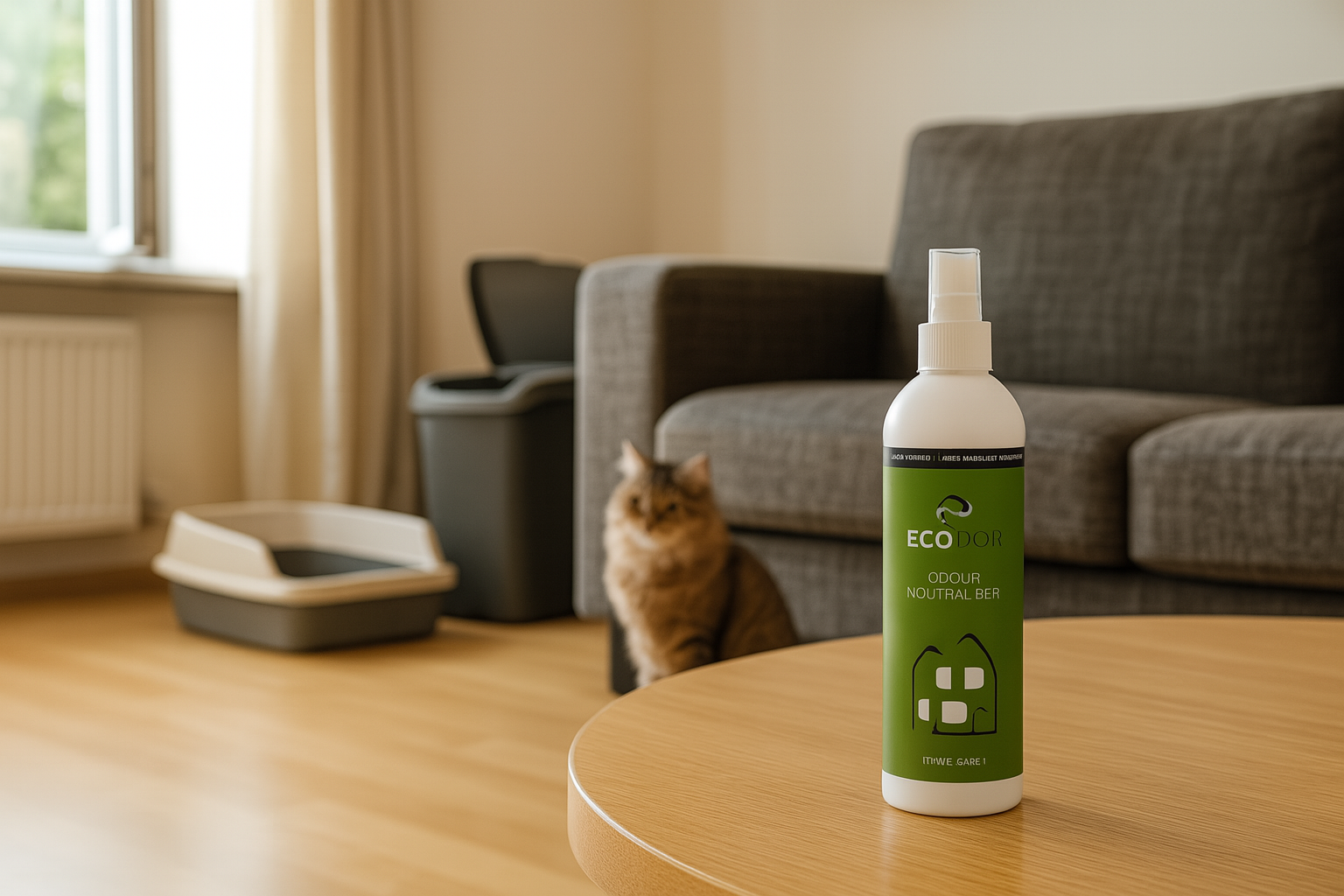 Ecodor EcoHome sprayfles op tafel in een zonnige woonkamer met kat en kattenbak op de achtergrond