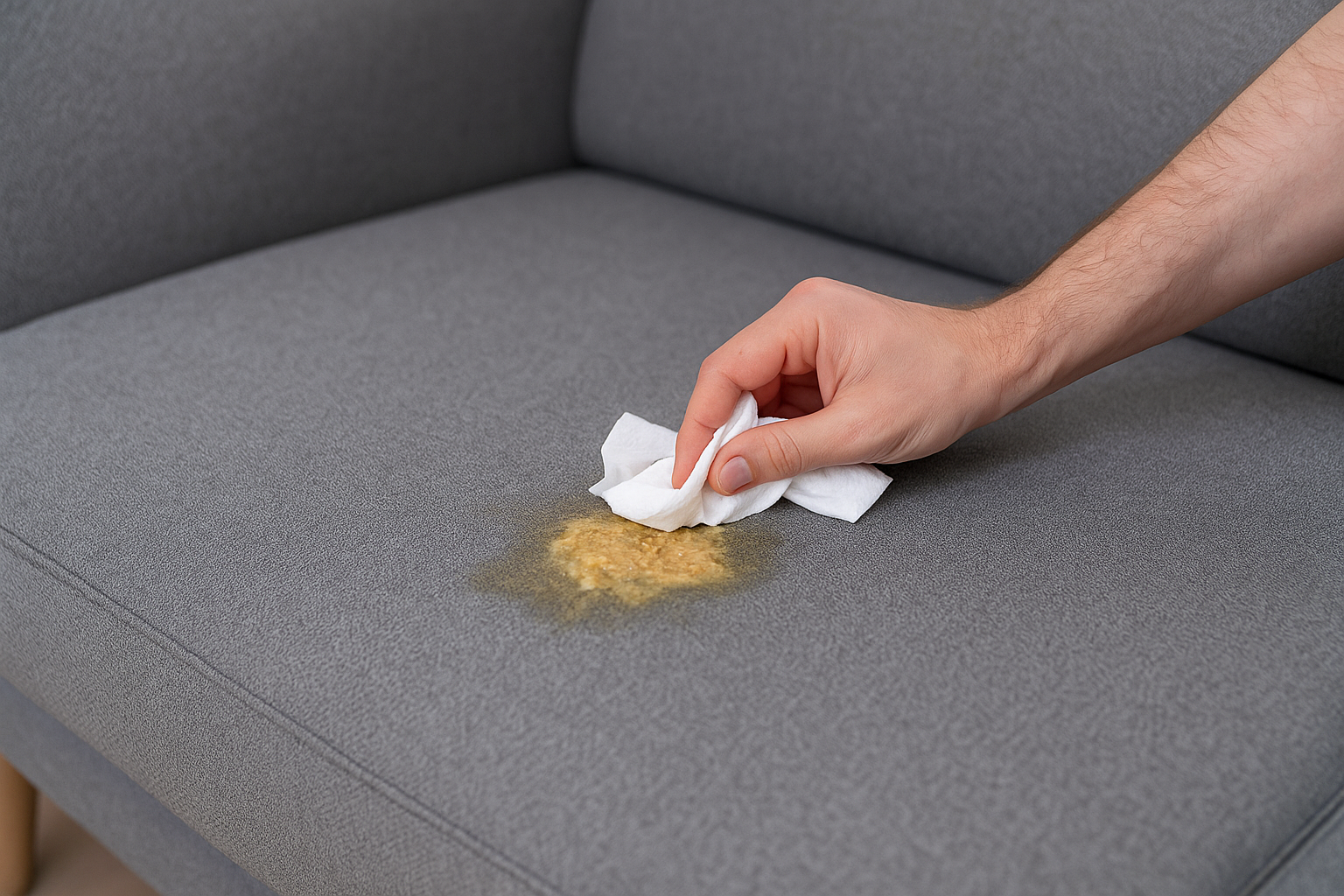 Hand dabbing vomit on a grey fabric sofa with a cloth.
