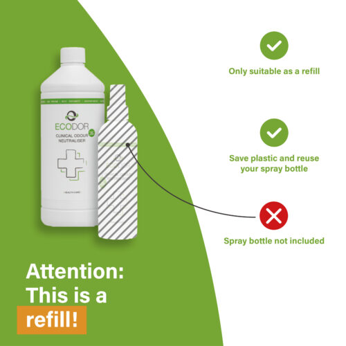 EcoClinic Ontgeurder navulfles met uitleg dat de sprayflacon niet is inbegrepen en alleen als navulling geschikt is.