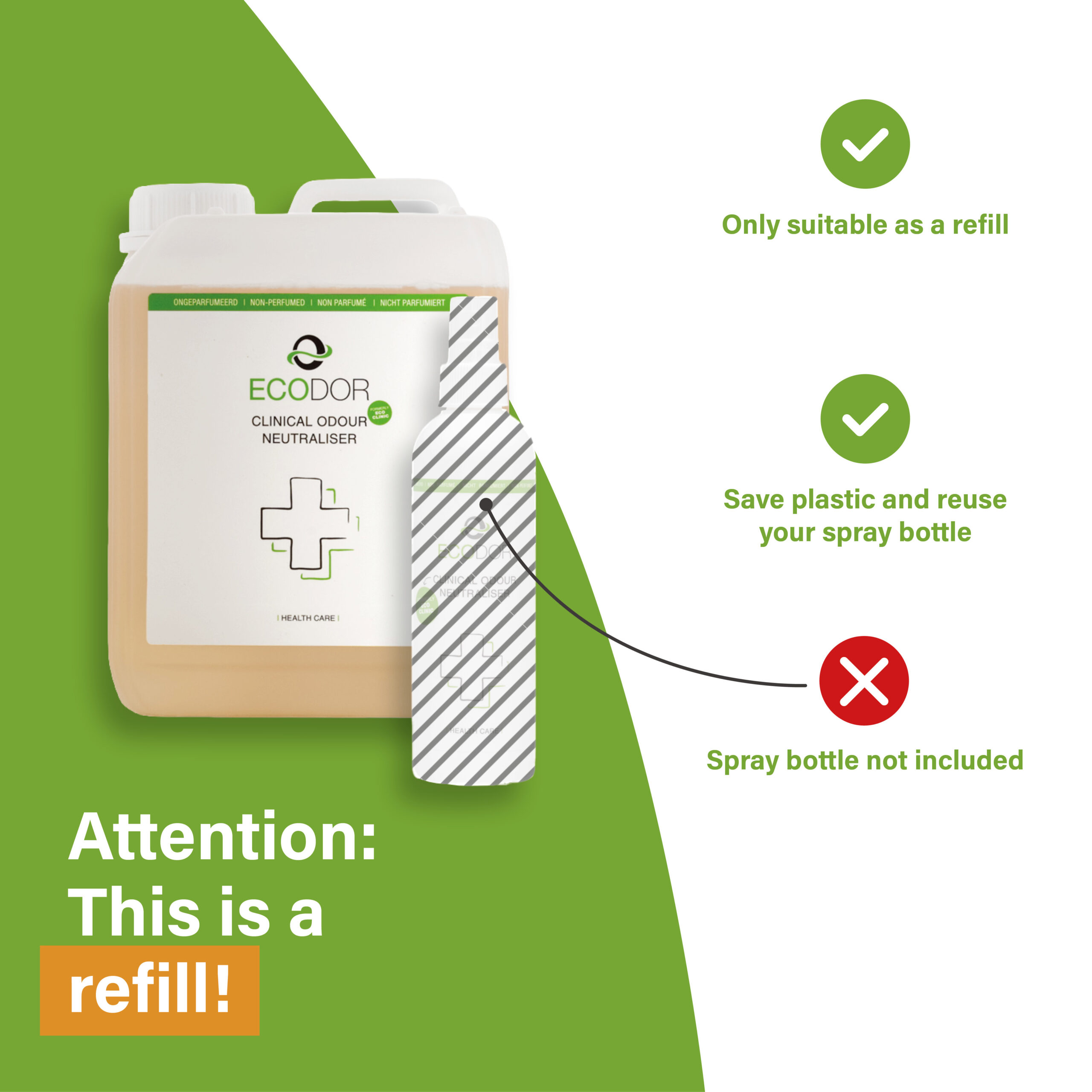 EcoClinic navulling in jerrycan met waarschuwing dat de sprayflacon niet is inbegrepen.