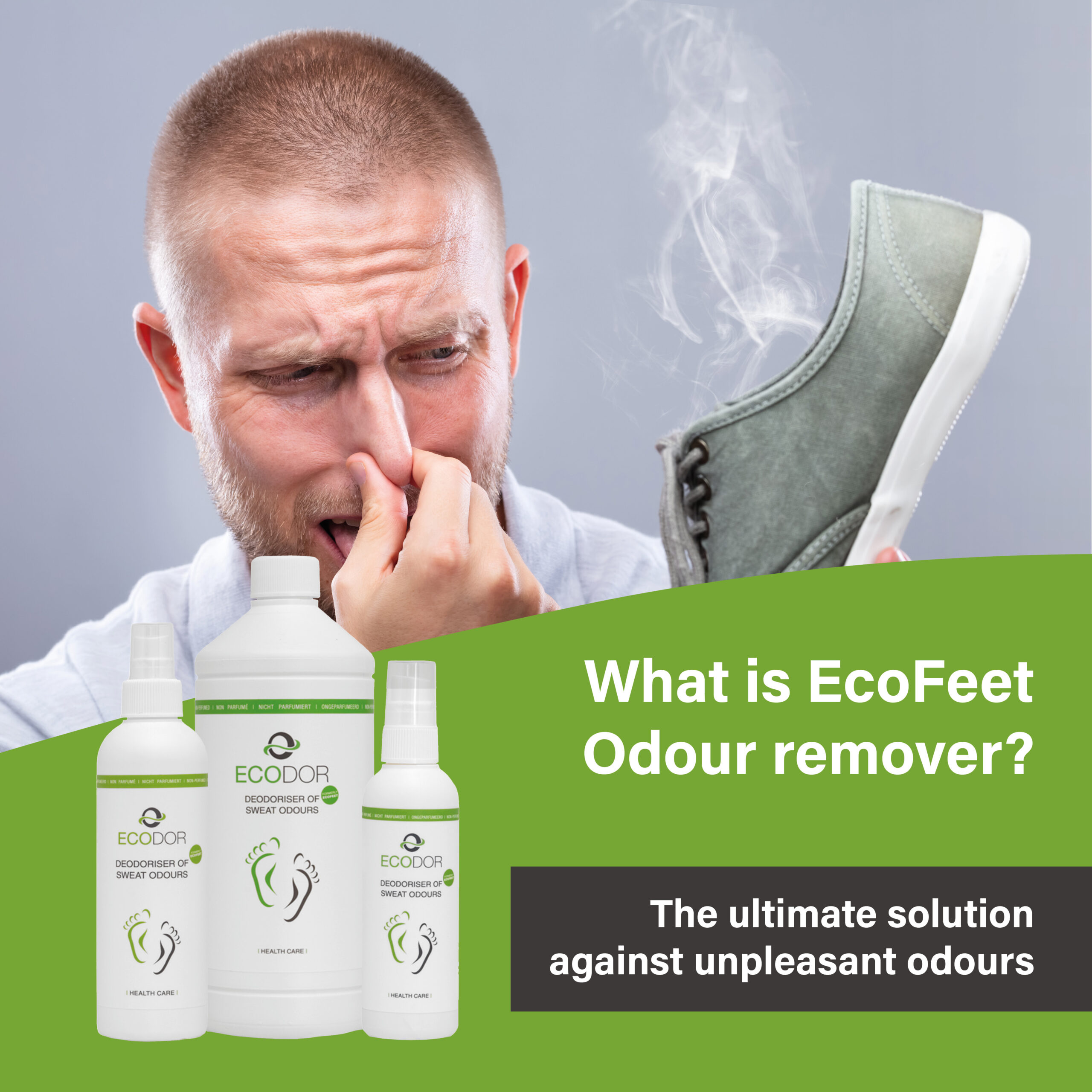 Man die zijn neus dichthoudt vanwege een sterk ruikende schoen, met EcoFeet zweetgeurverwijderaar op de voorgrond en tekst over de werking van het product.