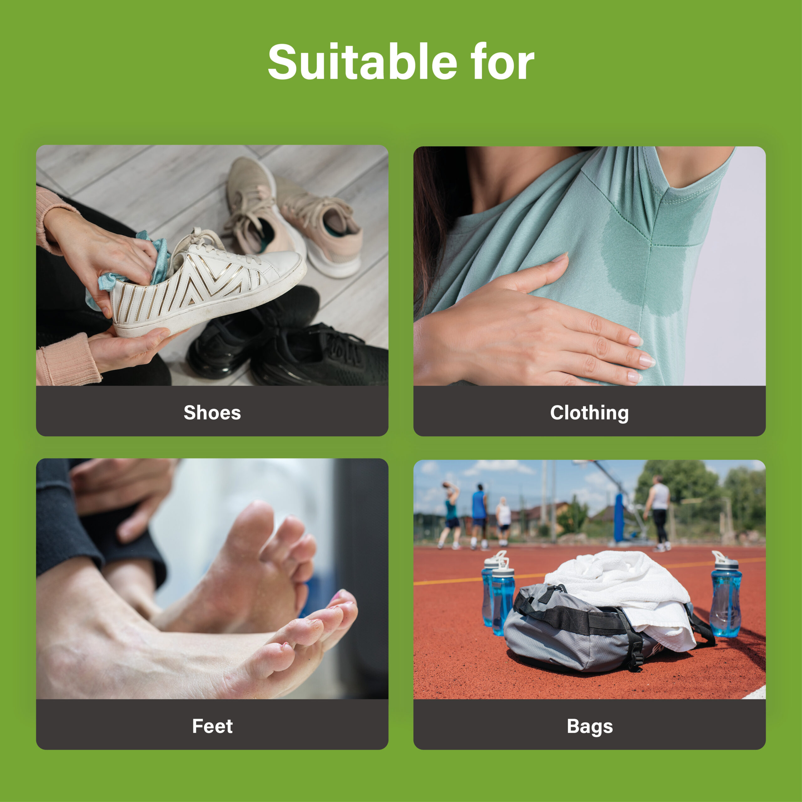 Afbeelding met vier vakken die tonen dat EcoFeet geschikt is voor schoenen, kleding, voeten en tassen.