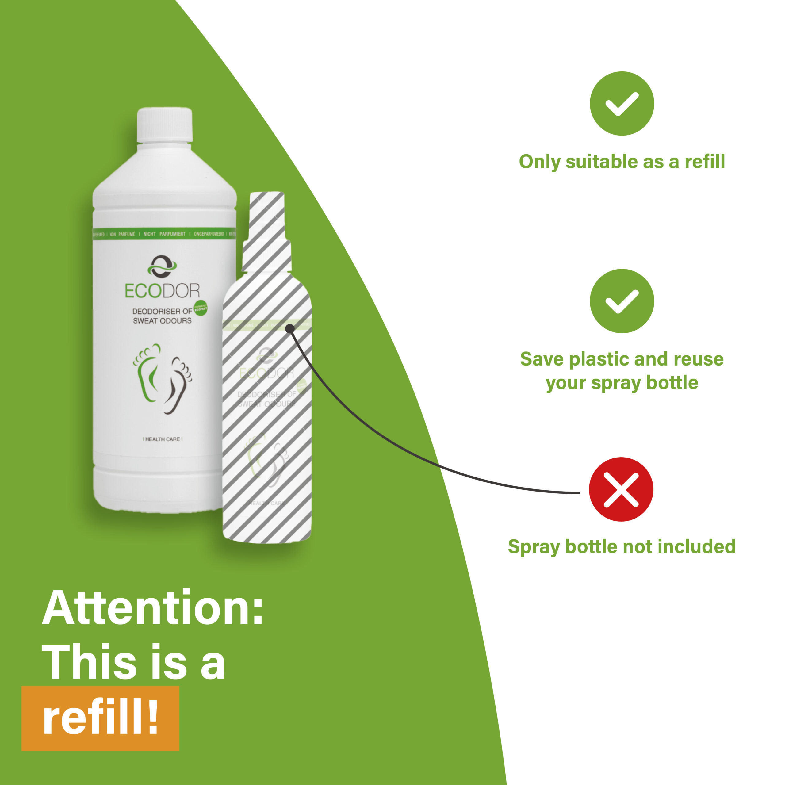 Afbeelding van de EcoFeet zweetgeurverwijderaar navulling met icoontjes die aangeven dat de sprayflacon niet is inbegrepen en dat het product bedoeld is als navulling.