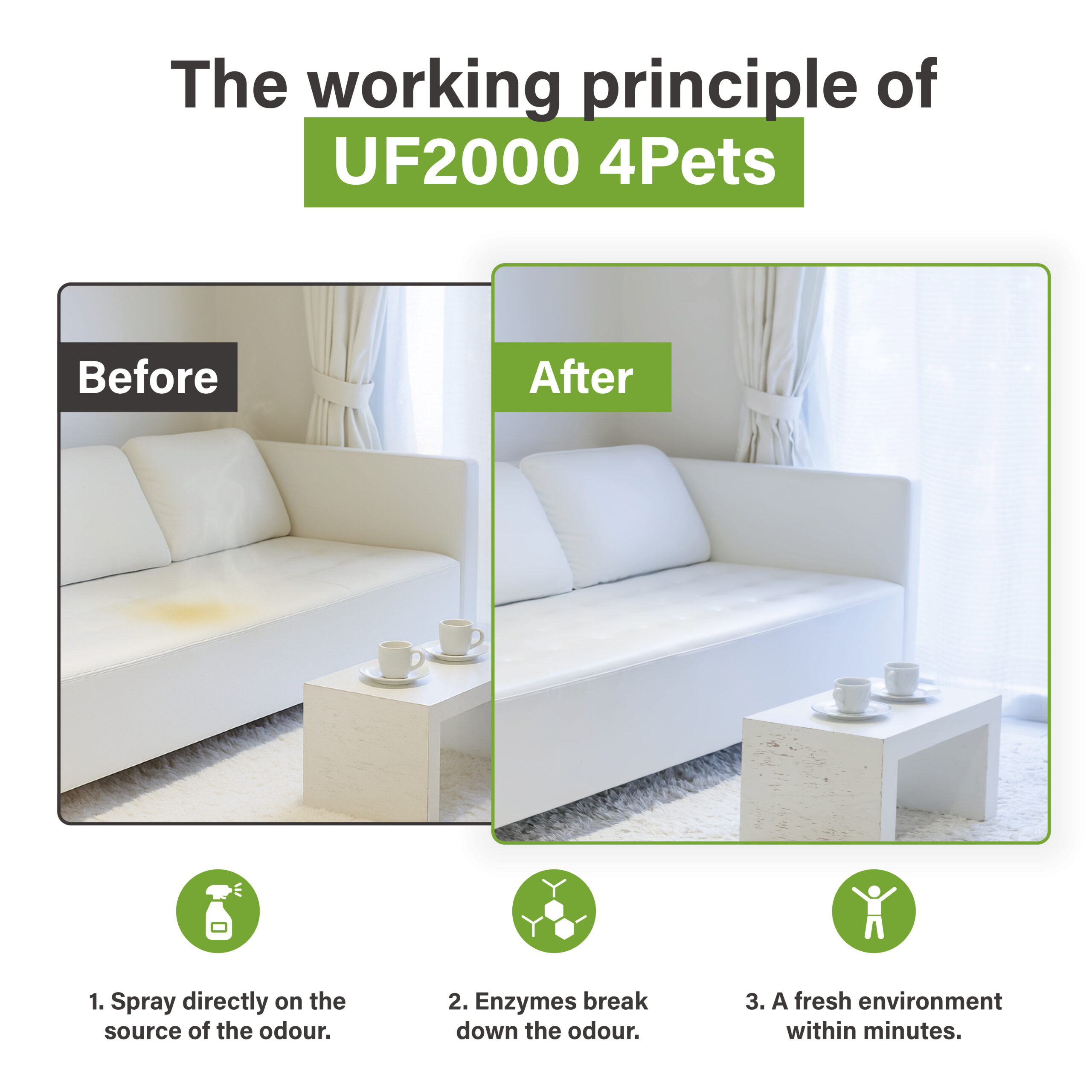 Afbeelding met een voor-en-na vergelijking van een bank met een urinevlek en hetzelfde meubel na behandeling met UF2000 4Pets, inclusief stappen: sprayen, enzymatische afbraak en een frisse omgeving.