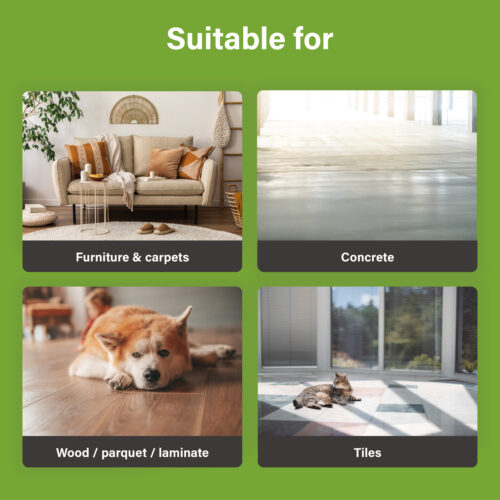 Overzichtsafbeelding die toont op welke oppervlakken UF2000 4Pets gebruikt kan worden: meubels en tapijten, beton, hout/parket/laminaat en tegels/plavuizen.