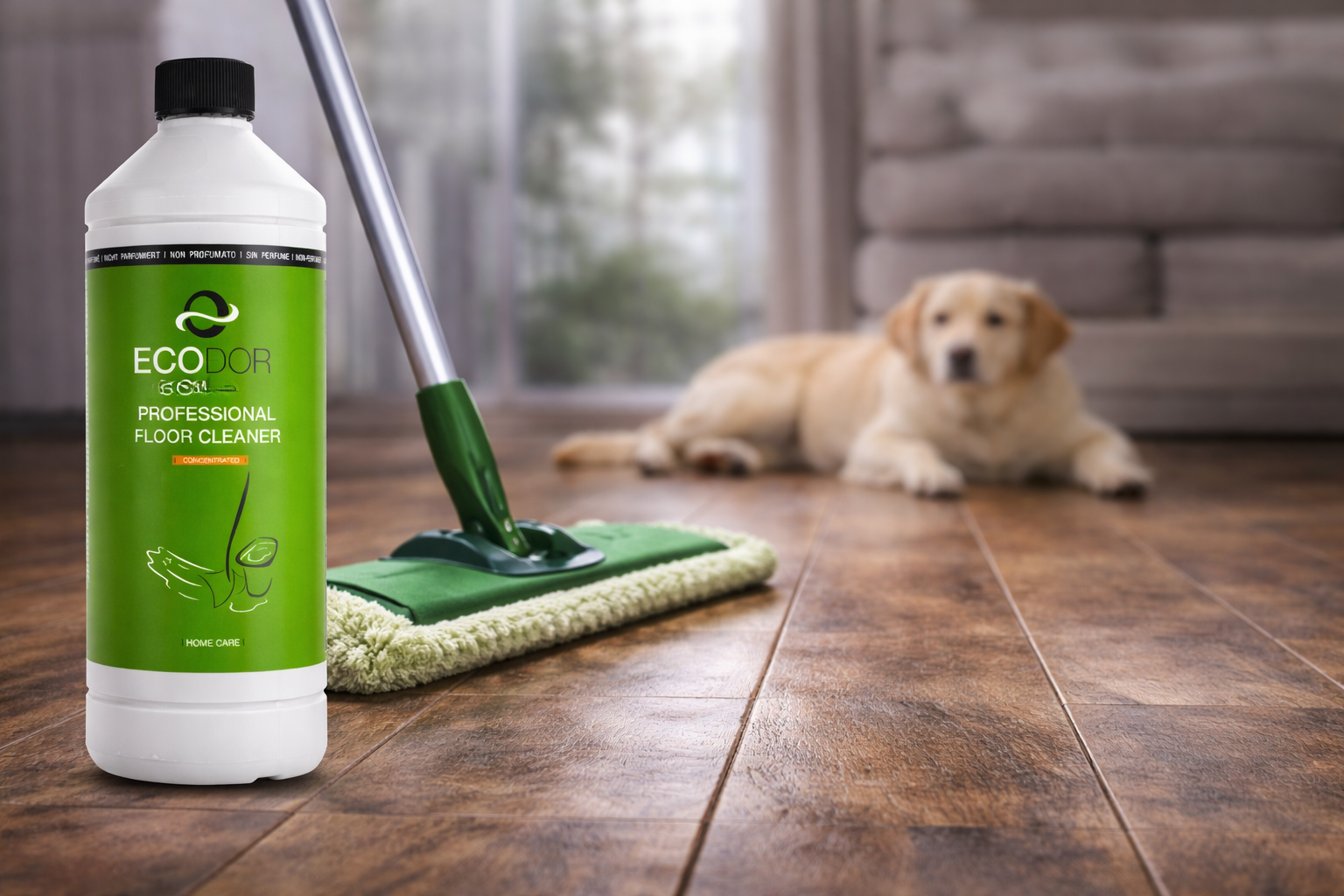 EcoFloor floor cleaner for urine odor on a wooden floor with a mop and a dog in the background