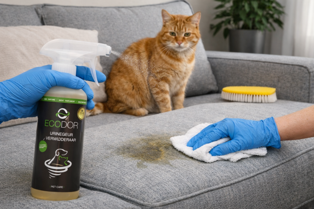 Removing cat urine odor from a couch with Ecodor urine odor remover, spray, and cloth.