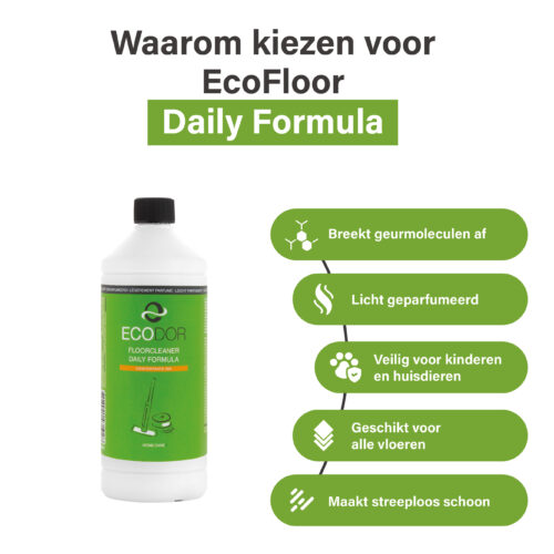 Infographic of Ecodor EcoFloor Daily Formula highlighting its key benefits: breaks down odour molecules, lightly fragranced, safe for children and pets, suitable for all floor types and delivers a streak-free clean result.