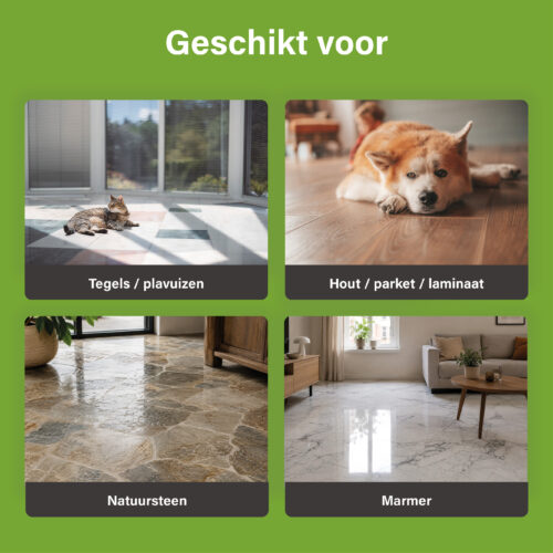 Overview of the floor types for which Ecodor EcoFloor Daily Formula is suitable, including tiles, quarry tiles, wood, parquet, laminate, natural stone and marble.