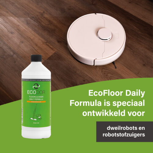 Ecodor EcoFloor Daily Formula next to a robot vacuum with mopping function on a wooden floor. Specially developed for use in robot mops and robot vacuums.